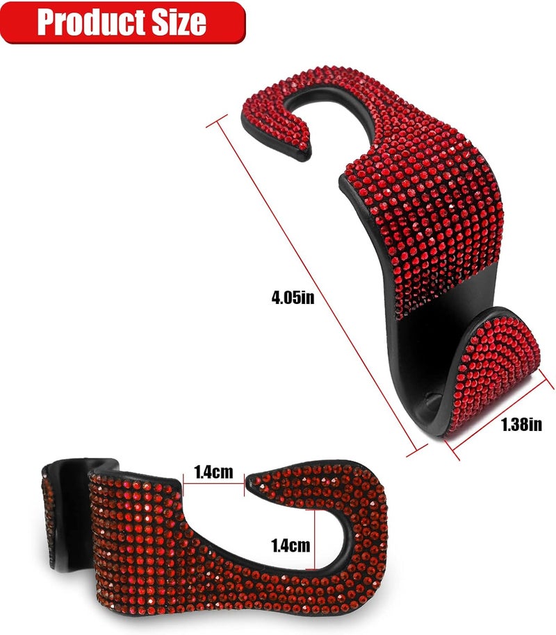 OSIFIT 2PCS Car Seat Hooks, Bling Rhinestone Headrest Hooks, Universal Bling Car Interior Accessories, for Handbag, Clothes, Purse, Water Bottle (Red) - Image 2